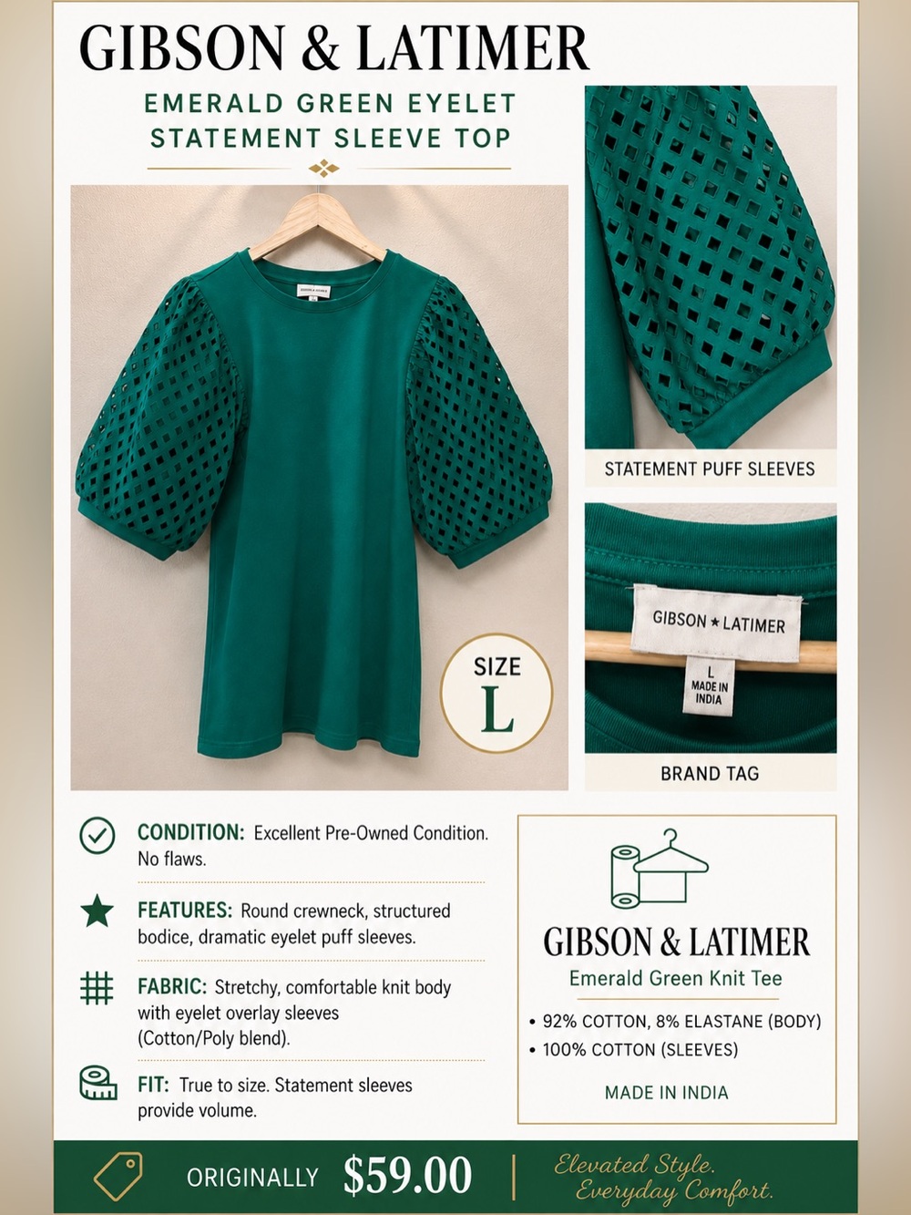 Gibson Latimer Emerald Green Eyelet Puff Sleeve Sweatshirt L